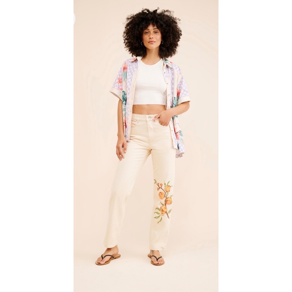 BDG Urban Outfitters Fruit Print Utility Jeans Peach Graphic Creme 28W 30L NEW